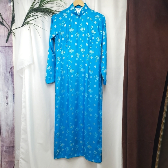 Aqua Blue and Silver Floral Cheongasm Maxi Long Sleeve Dress - Picture 3 of 15